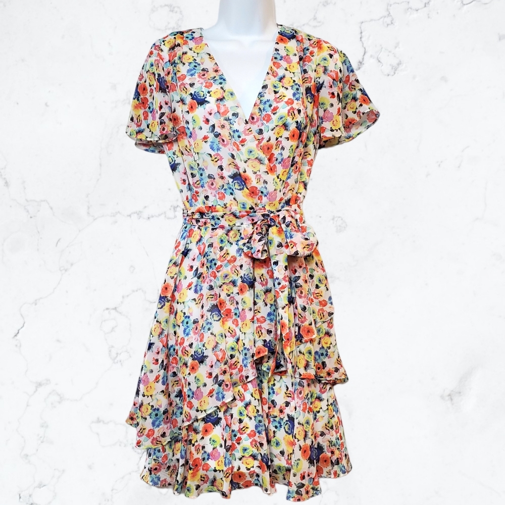 Tahari Short Sleeve Tiered Ruffle Spring Floral Chiffon Dress